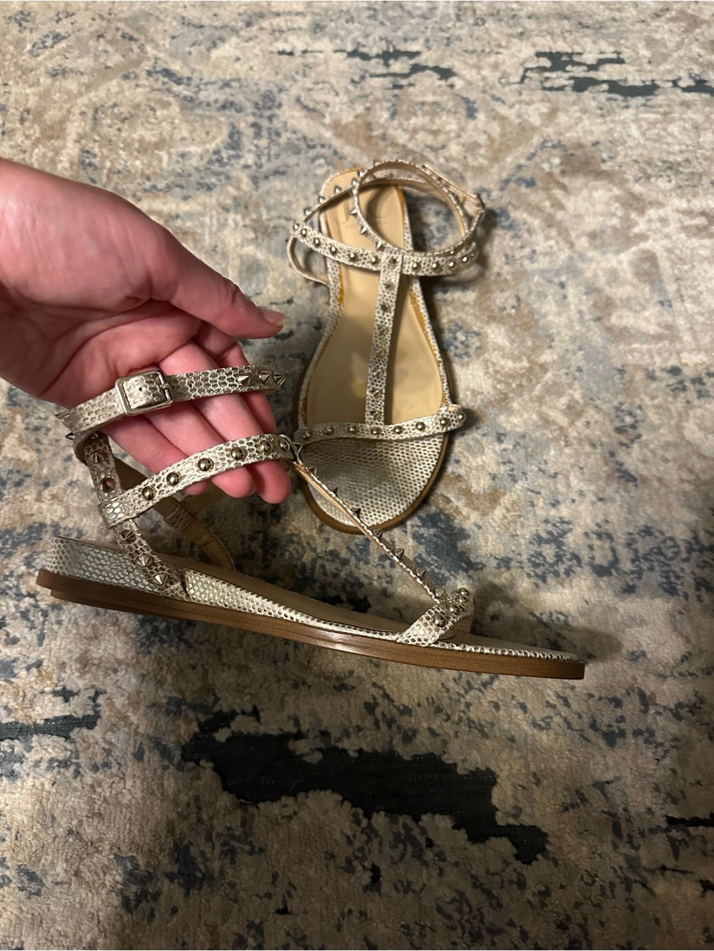 Studded T-Strap Sandals in Metallic Beige - Picture 2 of 4